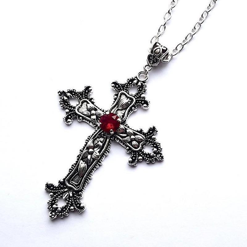 Creative Flower Pattern Cross Diamond Necklace Goth