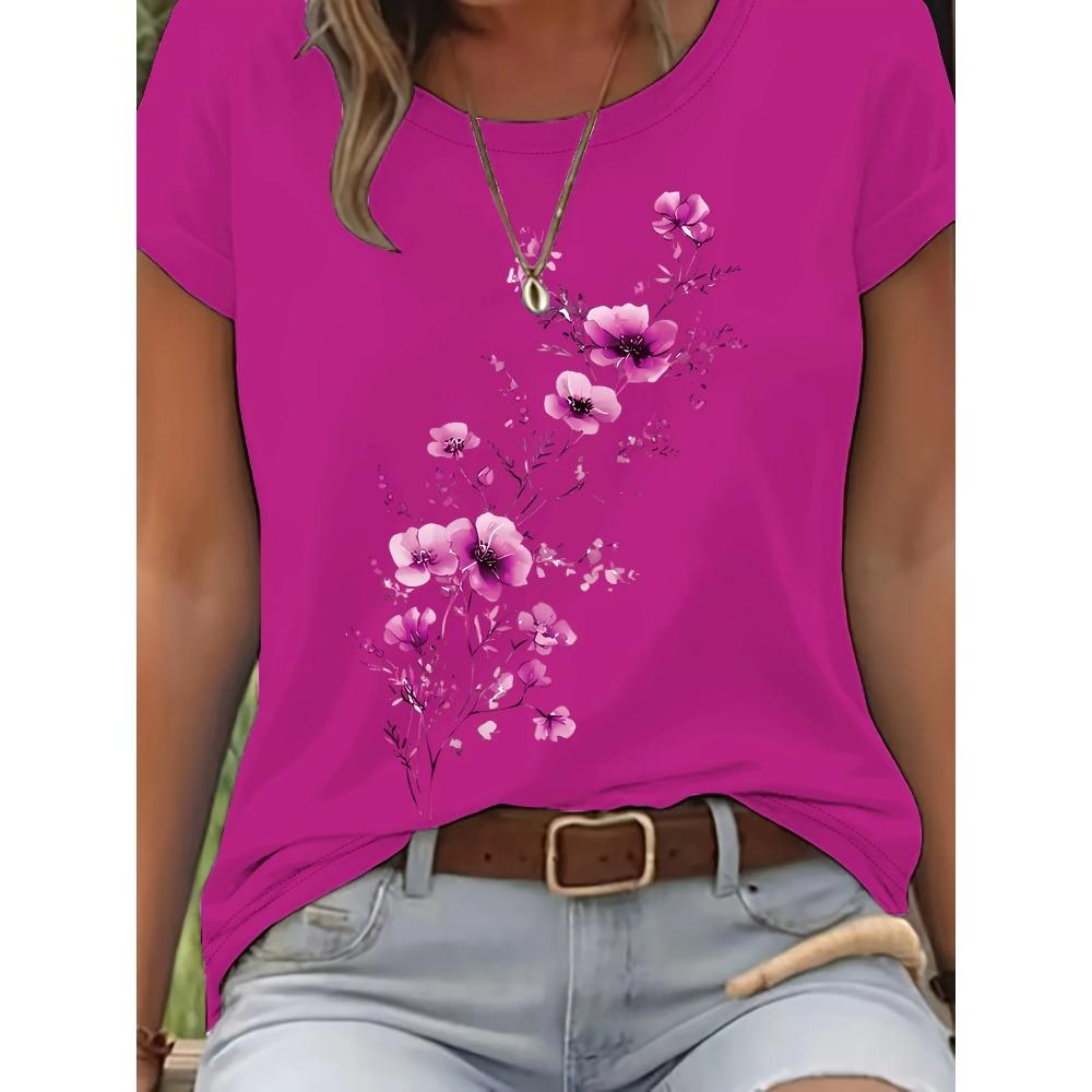 T-shirt da Donna con Ramo Floreale Viola - Grafica Delicata di Fiori ad Acquerello, Top Casual Viola Chiaro