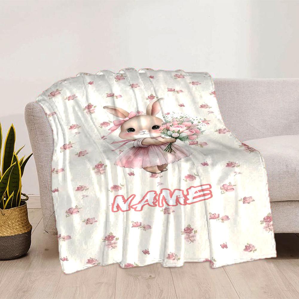 Bunny With Flowers Home Customize Your Name Blankets Comfortable Soft Lightweight Allseason Multipurpose Blanket For Picnics Sofas Offices Beds Living