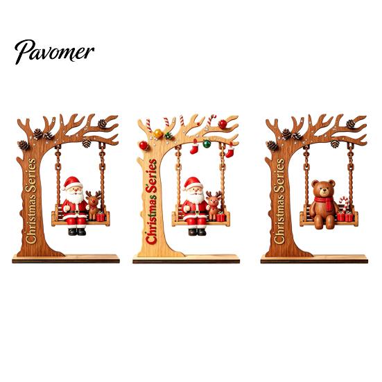 Unique Wood Craft Gift Wooden Swing Ornament with Santa Claus/Bear for Christmas, Tabletop Natural Grain Ornaments Claus Figurine Home Living