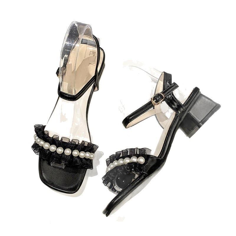 Fairy wind pearl sandals female summer 2025 new fashion thick heel buckle with skirt ins tide