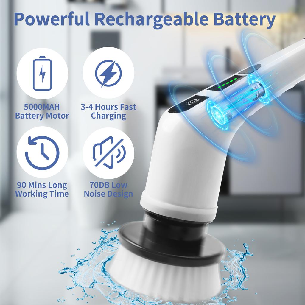 Electric 8-in-1 Spin Scrubber Home Cordless Cleaning Brush 8 Heads 90Mins 3 Size 2 Speeds for Kitchen Bathroom Bathtub Glass Car