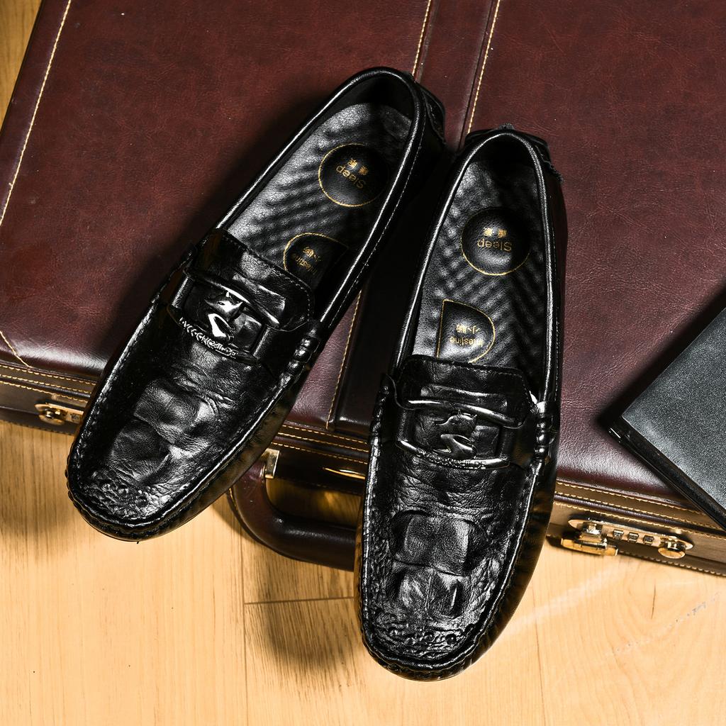 Crocodile Pattern Beanie Shoes Lazy Driving Shoes British Casual Men's Leather Shoes Genuine Leather Cowhide