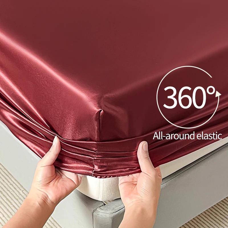 Solid Color Fitted Sheet Single Double Queen Size Mattress Cover Luxury Satin Rayon with Elastic Band Bedsheet 140/160/180/200cm