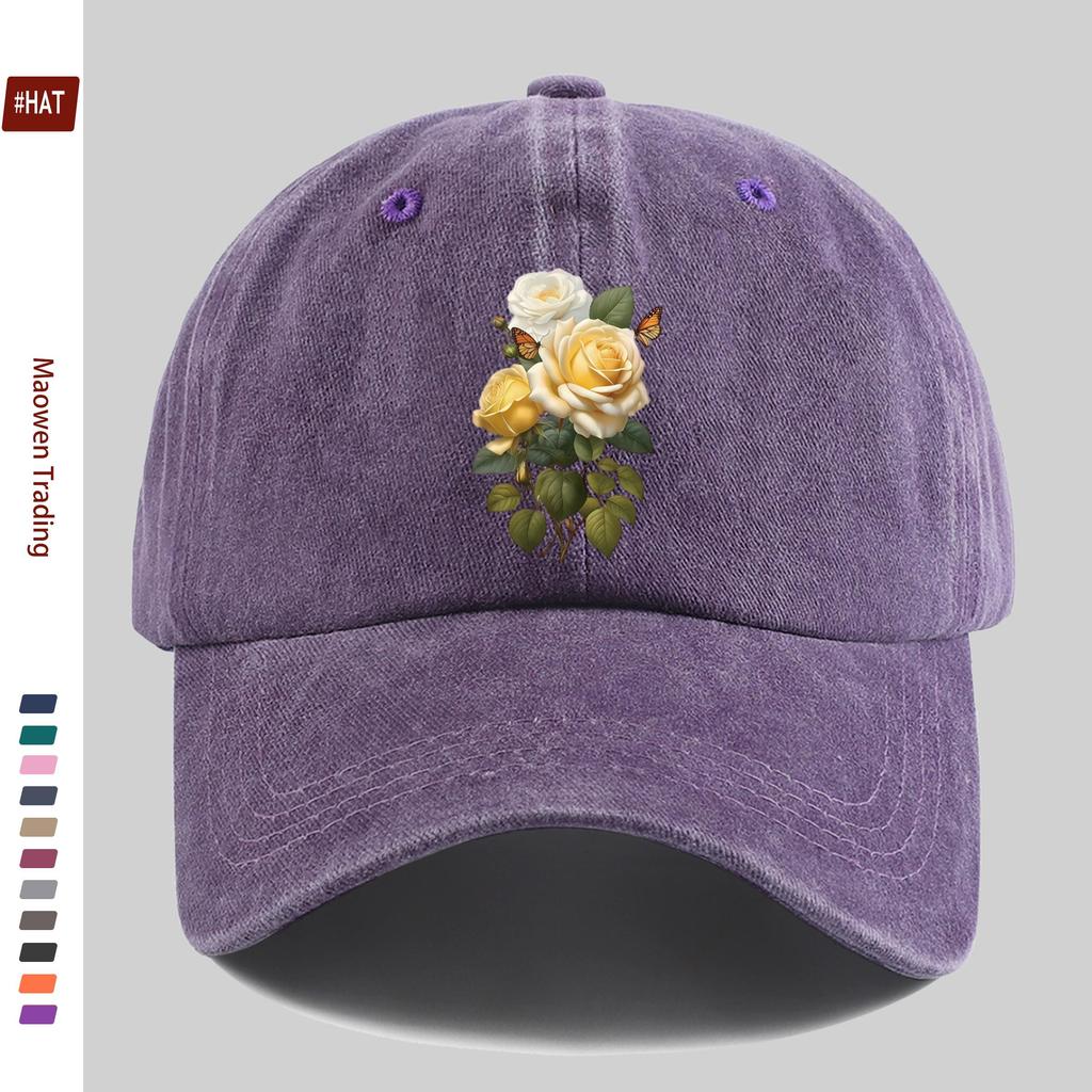 pc Yellow Rose And Butterfly Print Baseball Cap Travel Leisure Decorative Design Sun Hat Comfortable And Lightweight Buckle Adj