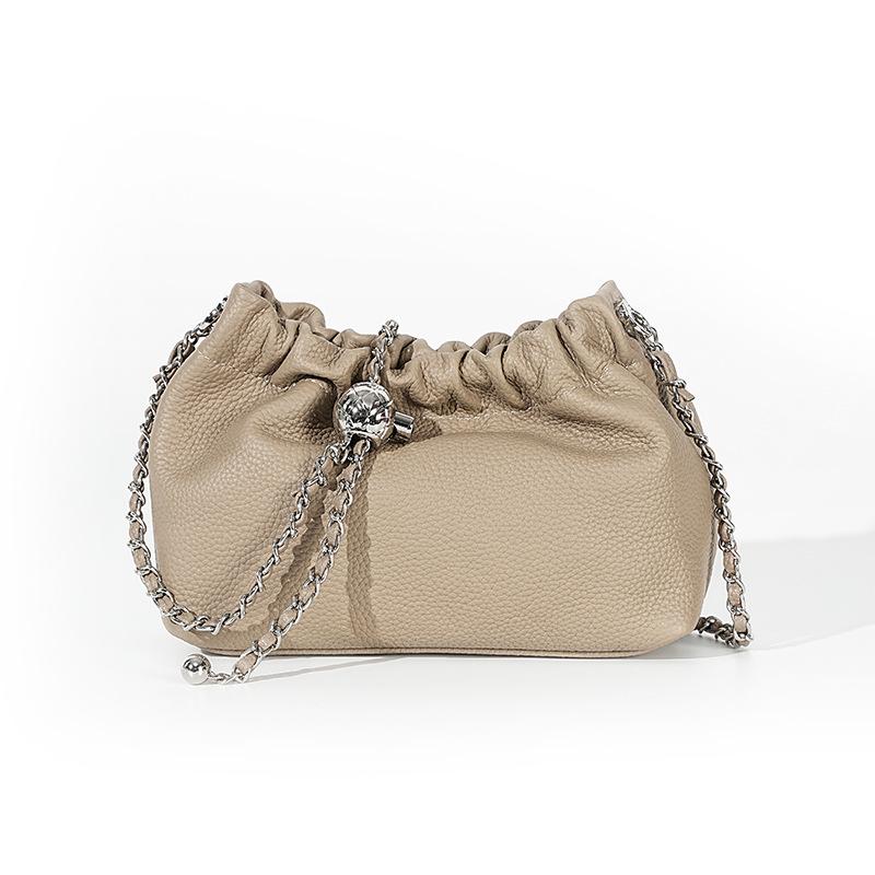 Women's bag pleated cloud underarm bag genuine leather, golden ball chain first layer cowhide single shoulder messenger bag