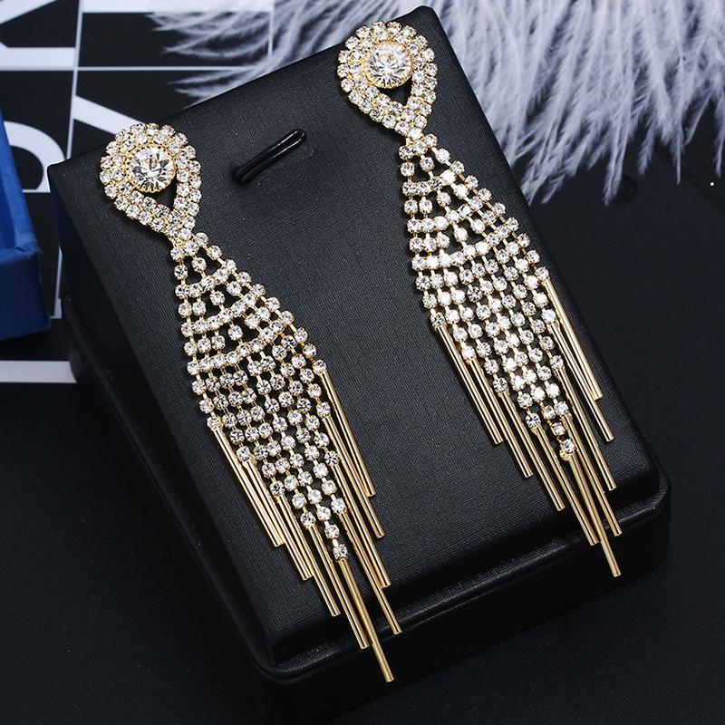 Meier Claw chain tassel earrings, rhinestone exaggerated large earrings, long wedding dress dinner accessories