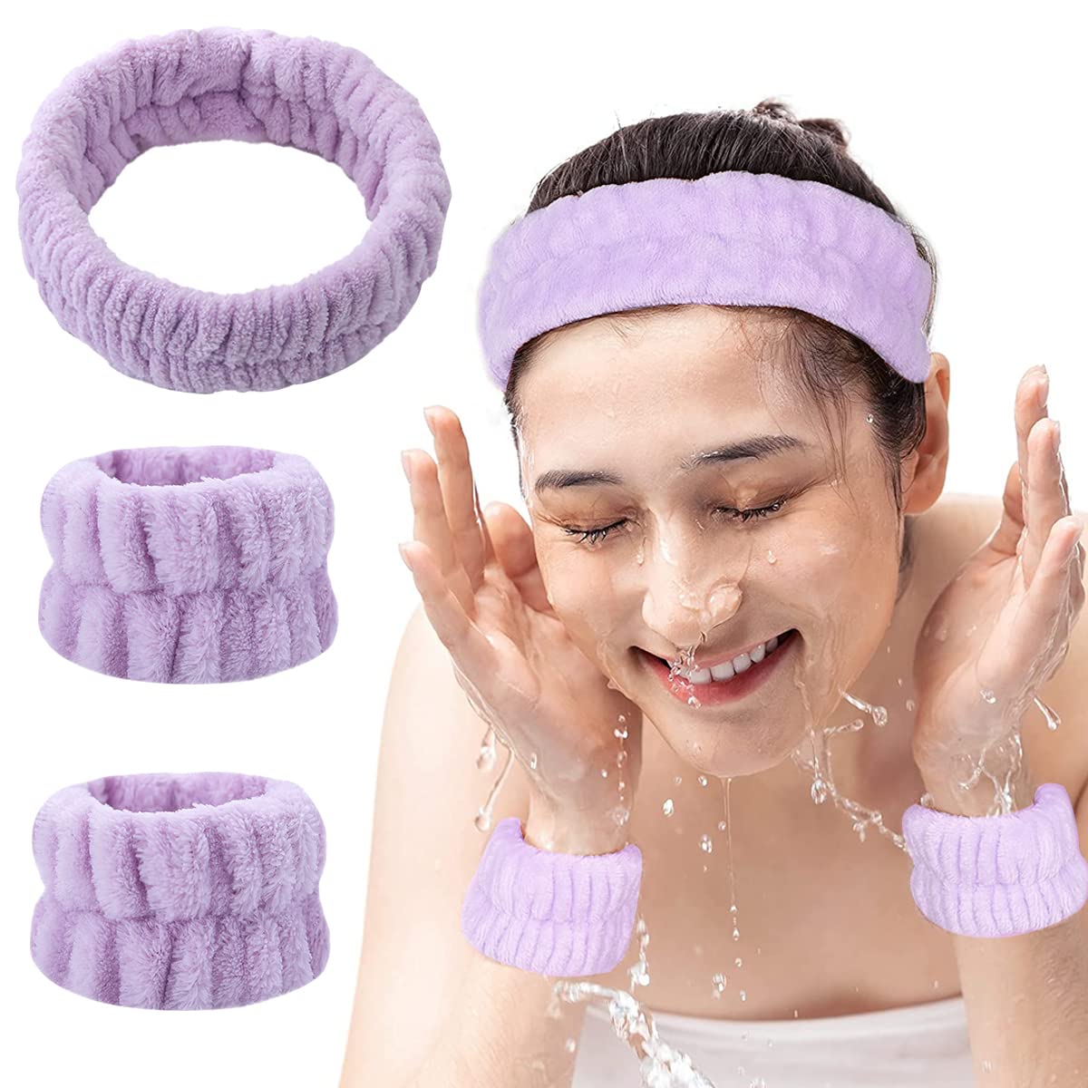 MAYCREATE® 3Pcs Spa Headband Wristband Combo Set, Elastic Hair Band for Women Stylish, Microfiber Face Wash Hairband Wrist Wash Bands for Face Wash