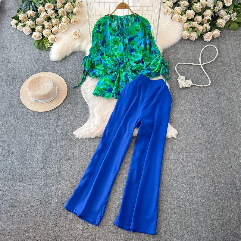 Fashion Short Sleeve V Neck Waist-Tight Straight-leg Fashion Suit