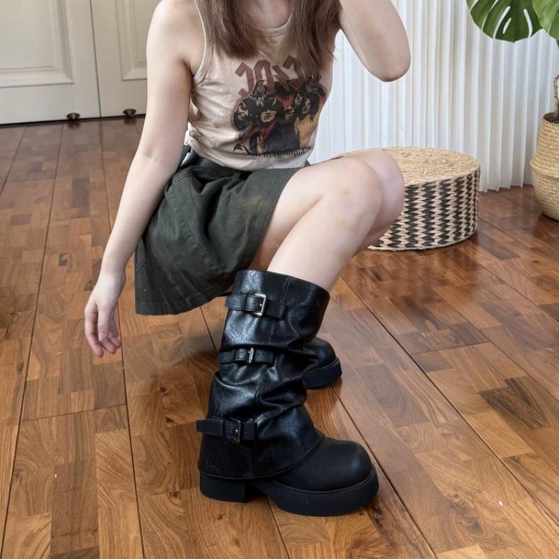 Cowhide version~ thick-soled trouser boots two wear belt buckle short boots round head retro stacking boots women's western boots medium boots