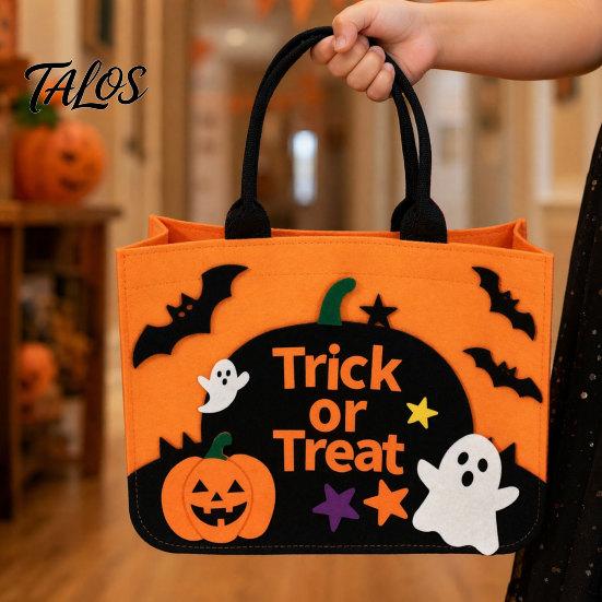 Trick Or Treat Candy Holder Halloween or Bag, Felt Goodie Bag with Pumpkin Ghost Patches, Child-friendly Large Tote for Kids, Party Favor, Haunted