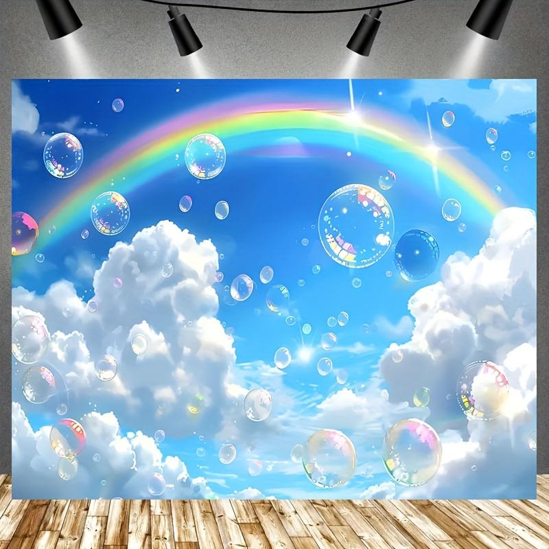 A PC, blue sky and white clouds, a rainbow floating in the sky, colorful bubbles floating on it, rainbow, dreamy atmosphere (as the picture,100x150cm)
