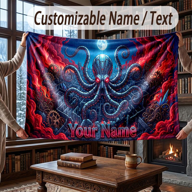 Octopus Sea Life Theme Throw Blanket Custom Name Text Personalized Blanket Soft Cozy Blanket for Home Sofa Bed