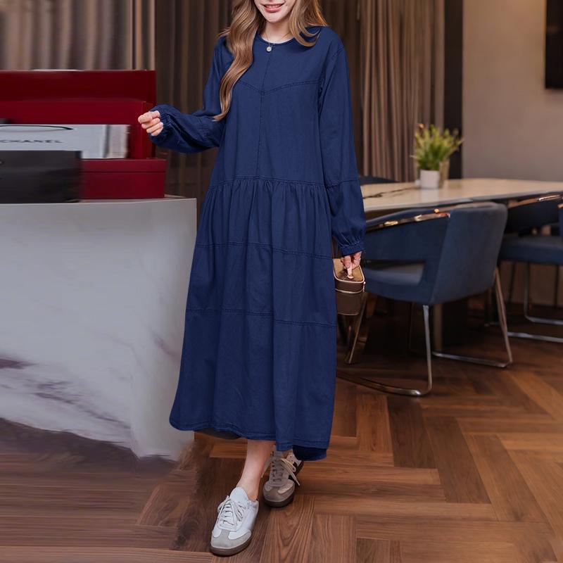 

ZANZEA Женское повседневное однотонное платье с круглым вырезом и длинными рукавами 3XL темно-синий