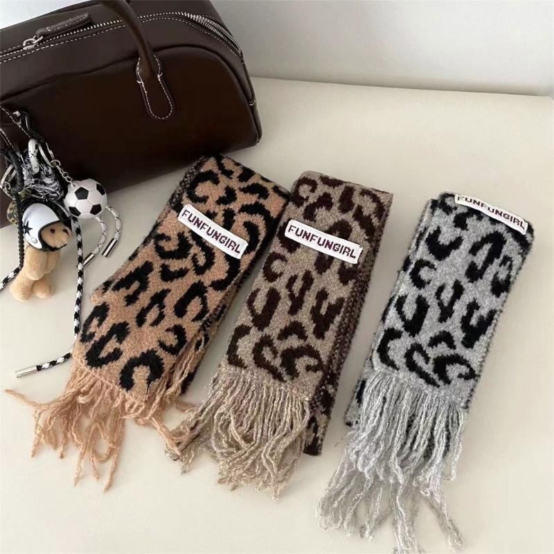 Vintage Leopards Print Tassels Scarf Soft Acrylic Neckerchief Warm Fashion Scarves for Women Warm Accessory
