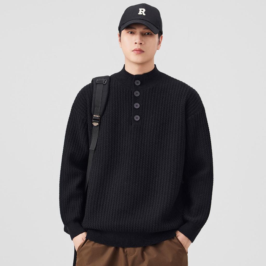 Men's Retro Knit Stand Collar Pullover - New Autumn/Winter Arrival, Versatile, Trendy, Loose Fit Sweater with Buttons