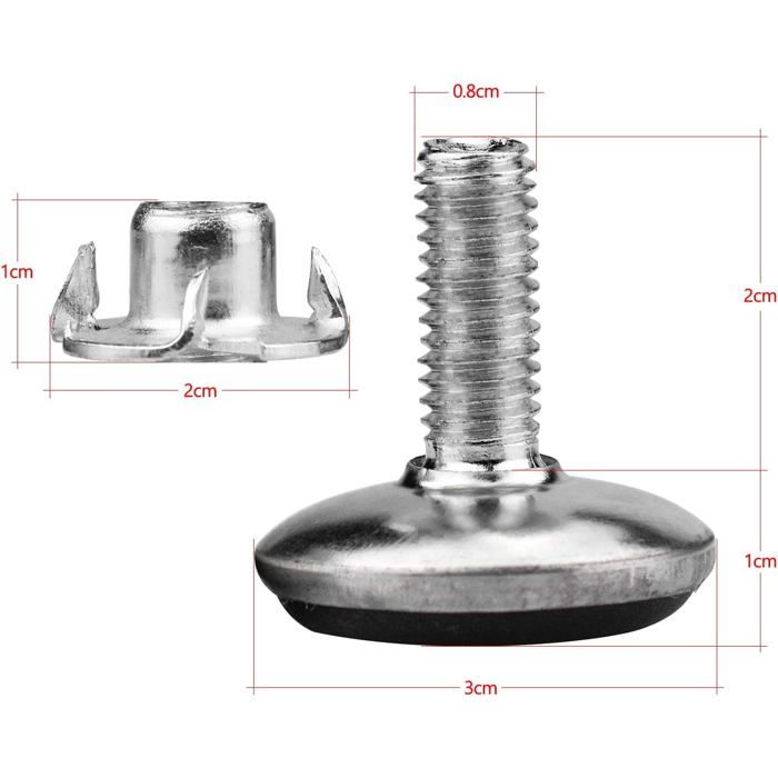 Pied réglable pour meuble - AIMOONSA - M8 x20 x30 mm - Pack 20 - Fer+plastique - Hauteur 11-30 mm