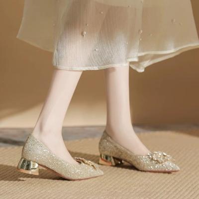 Scarpe Nuove Autunnali con Tacco Grosso Donna Punta Acuta Scollatura Bassa Glitter Fibbia di Cristallo Antiscivolo Scarpe Basse