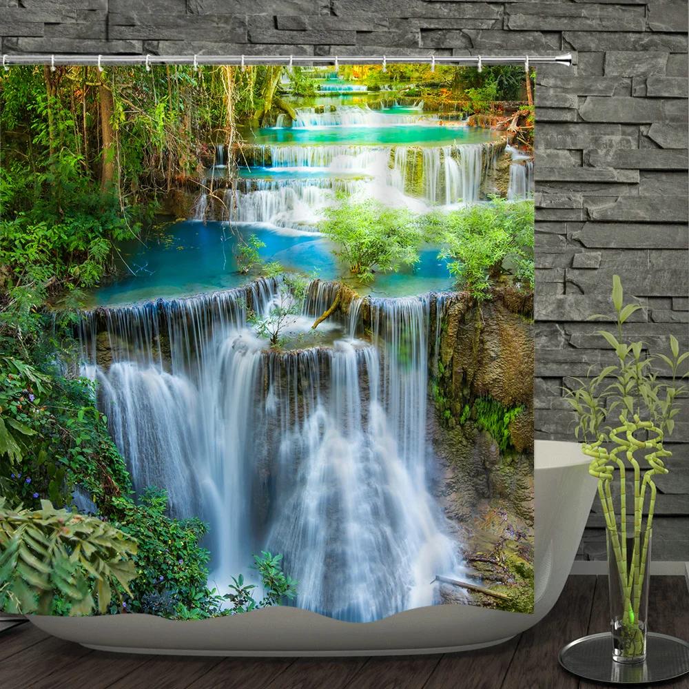 Green Forest Trees Scenery Bath Curtain Shower Curtains Bathroom Waterproof Polyester Fabric 3D Printed Bath Screen 12 Hooks Mat