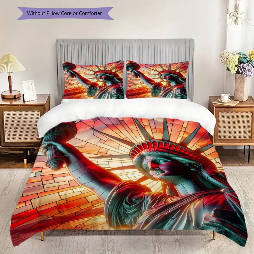 Patriotic Theme Statue of Liberty Bedding, Duvet Cover, Pillowcase, Home Decoration, Birthday Gift (1 * Duvet Cover+2 * Pillowcase, Coreless)