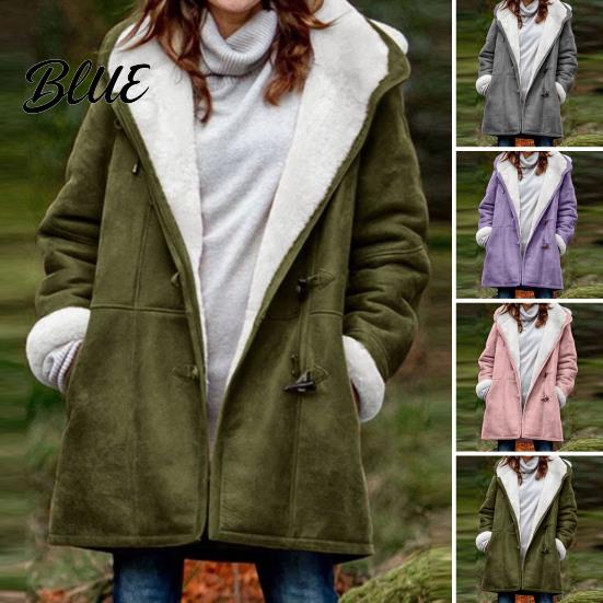 Lady Thick Coat Women Fall Winter Hooded Soft Plush Long Sleeve Mid Autumn Jacket Length Windproof Cold Resistant Buttons Loose Pockets
