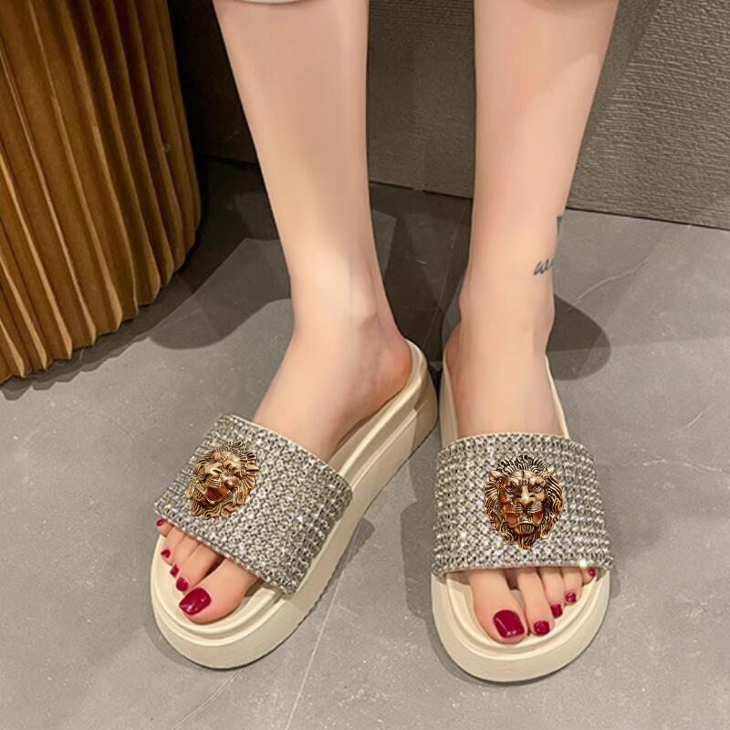 Net Red Slippers Female Summer Wear Non-slip Muffin Thick Sole Flip-flops 100 Wedge Heel Rhinestone Beach Shoes 35
