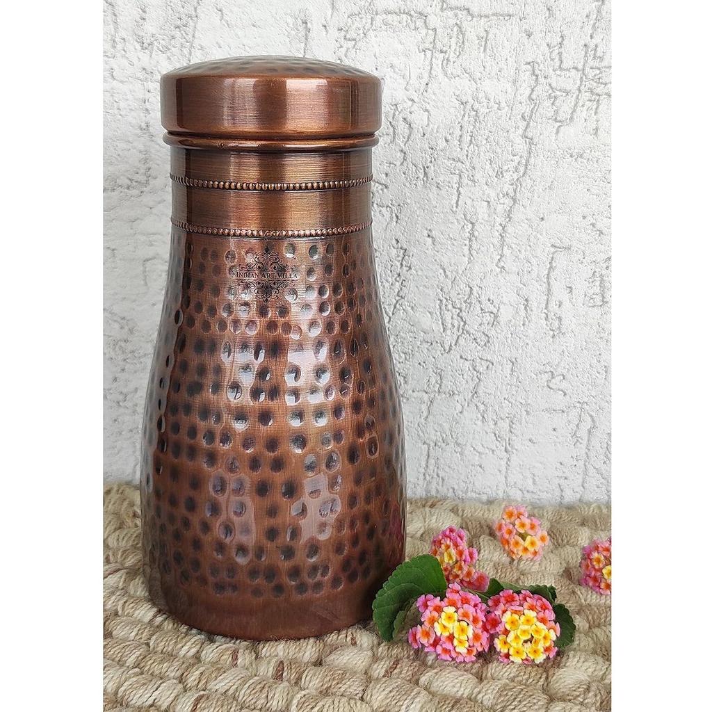 Pure Copper Bedroom Water Bottle with Inbuilt Glass, Hammered Antique Design - Drinkware & Storage Purpose, Volume 900 Ml (Pack of 2)