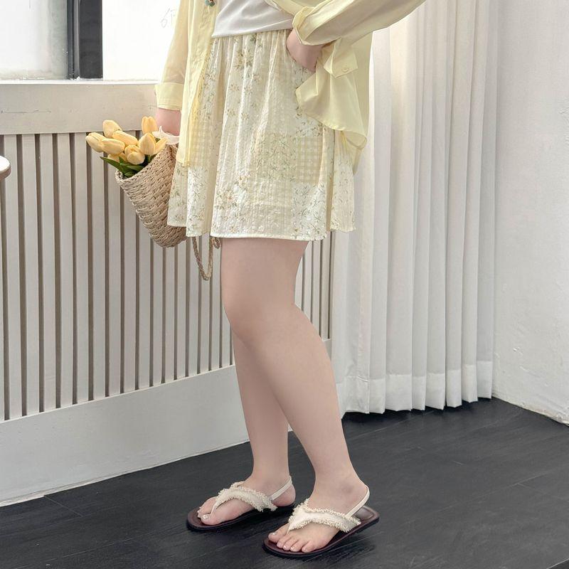 

Plus size women clothing [Pastoral Floral Skirt] Texture Summer Chubby Girl High Waist Loose Casual Short dress Skirt Yellow Plaid Floral 9xl