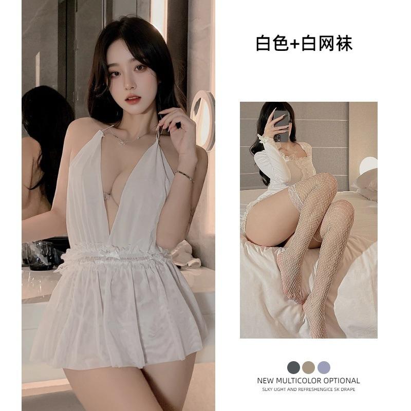 Sex Underwear Neck Skirt European and American French Nightgown Dinner Bar Uniform Mesh Backless Perspective Nightclub Dress
