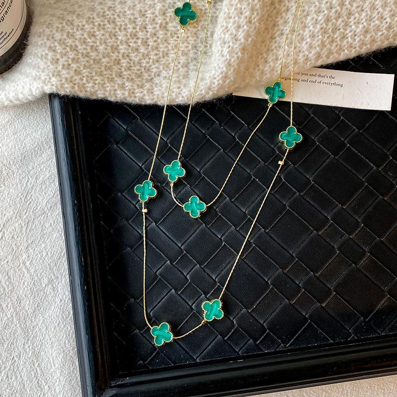 Light Luxury Four-leaf Clover Long Necklace Women with Fall and Winter Sweater Chain High-level Sense of Double Layered Stacked Clothes Pendant