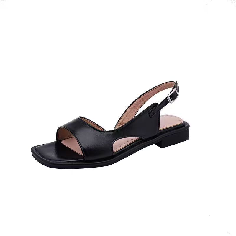 Platte sandalen 22 zomer nieuw vierkante neus retro lage hak grote maten open neus sandalen