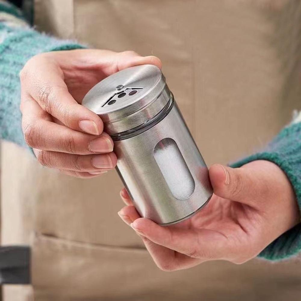 Portable Stainless Steel Seasoning Jars Visiable Rotating Condiment Jar Glass Multifunction Spreading Bottle Kitchen Organizer