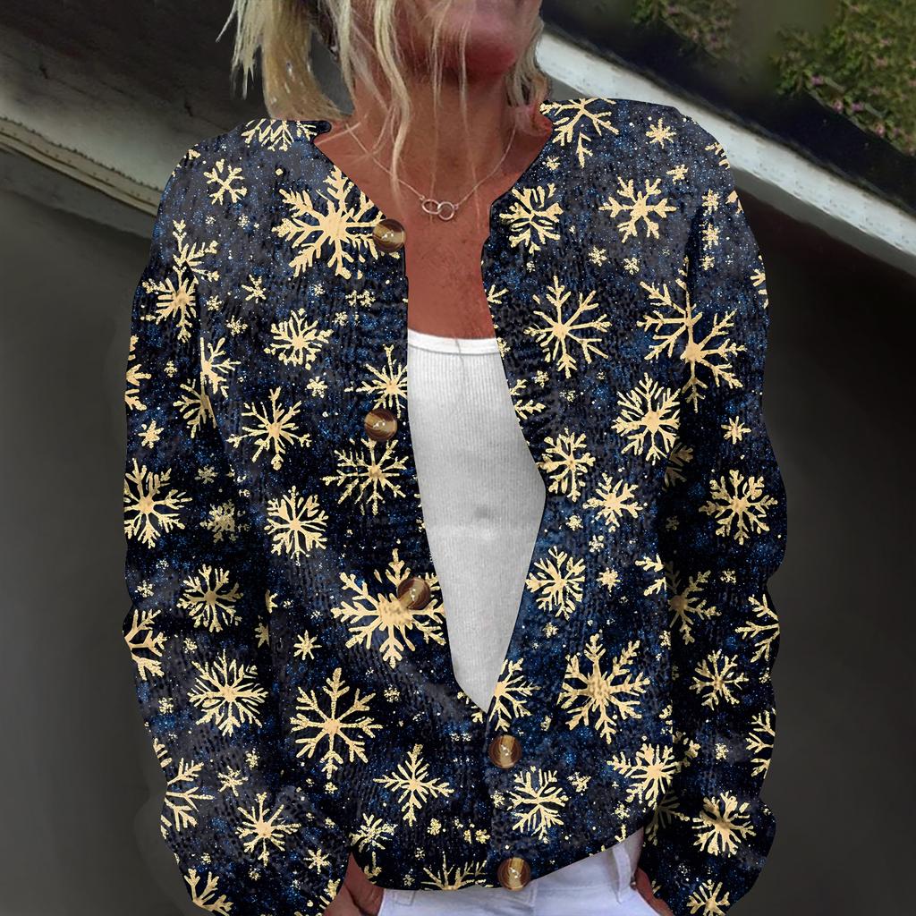 Damemote juletrykt langermet strikket cardigan-jakke med knapp