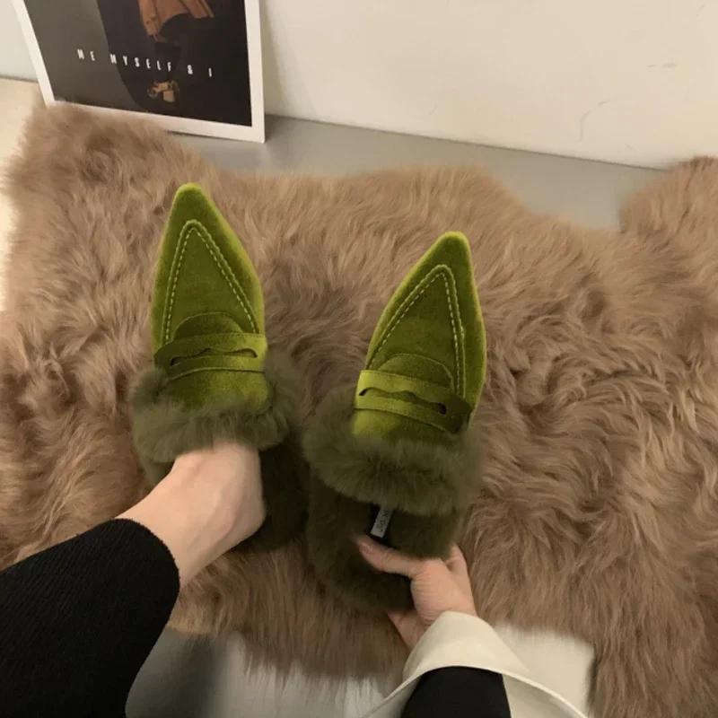 Women Luxury Velvet Mules Pointy Toe Slip-on Fur Sandals Ladies New Brand Design Outdoor Furry Slides Evening Party Heeled Shoes