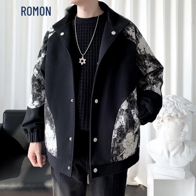 ROMON Men's Trendy Leopard Print Patchwork Short Jacket