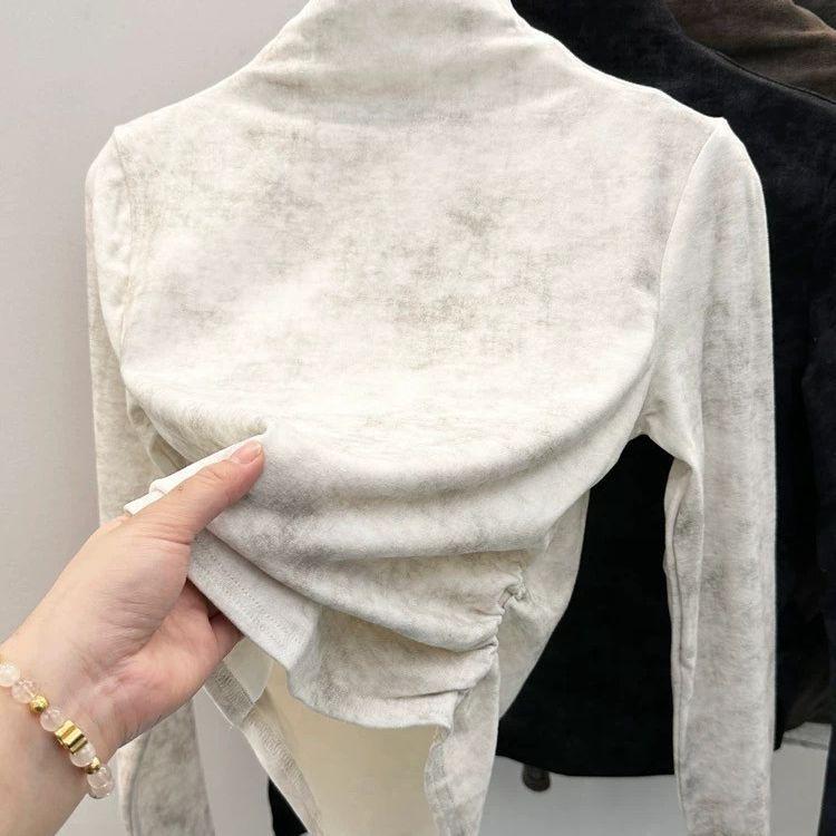 Women Tie-dye Turtleneck Thermal Underwear Top Fleece Lined Long Sleeve Slim Fit Casual Warm Knit Shirt For Autumn Winter