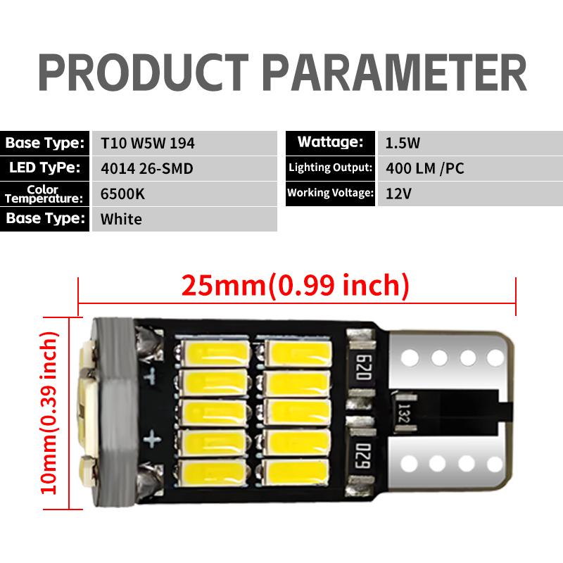 SEWICK 100PCS T10 W5W Led Bulbs 26SMD 4014 Chips 194 501 Canbus White Signal Lamp Car Interior Dome Reading Clearance Lights 12V