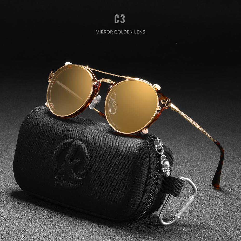 KDEAM Steampunk Clip On Sunglasses Men Round Sun Glasses Women Baroque Carved Legs All-matching Size With Box