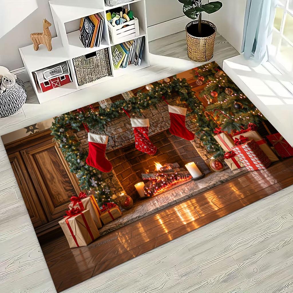 Merry Christmas Tree Santa Claus Cartoon Happy New Year Gift Carpet Rug for Bedroom Living Room Sofa Home Doormat Decor,Non-slip