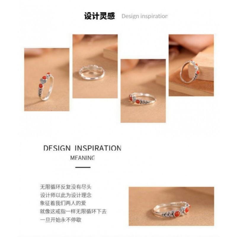 Adjustable Open Ring With Red Agate Wheat Motif Minimalist Vintage Boho Jewelry Women Men