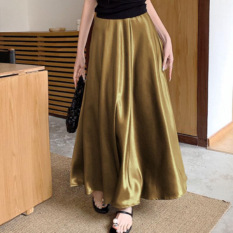 2025 New Style Women s Midi Skirt: Acetate Satin, High-Waisted, Slim Fit, A-Line Flare, Draped, Solid Color for Summer XXL золотой