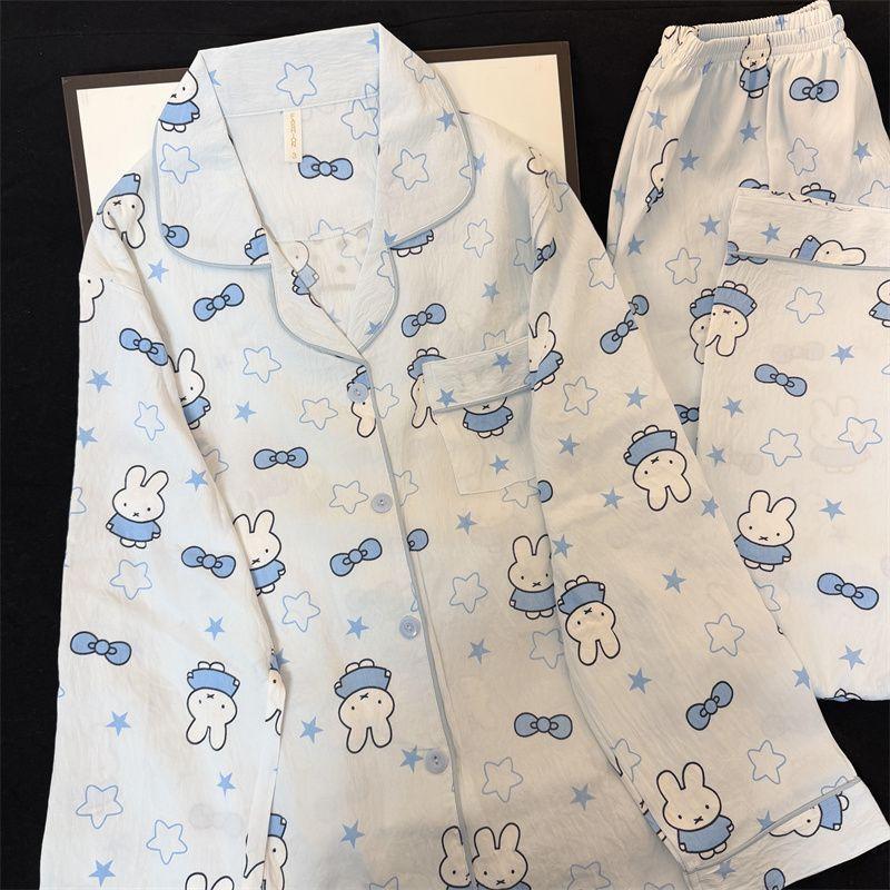 Blue bow rabbit pajamas women's spring and autumn cardigan lapel double long suit student dormitory loungewear