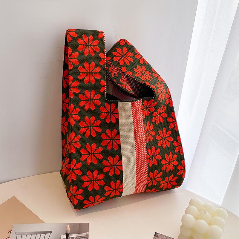 Japanese Thin Stripe Plaid Tote Bag Women Casual Color Handmade Knit Handbag Student Reusable Shopping Bag Keys Purse Handle Bag