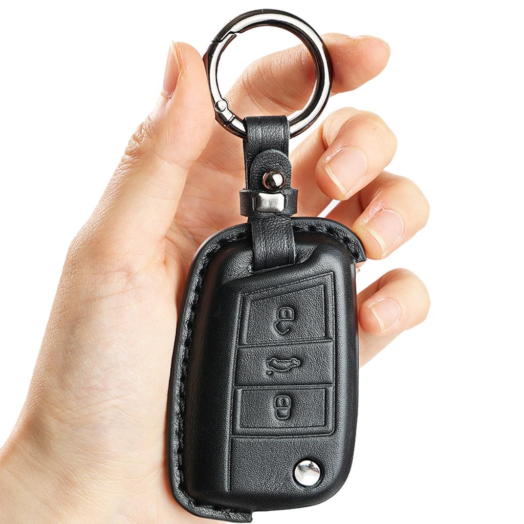 3 Button Genuine Leather Key Ring Case Cover Shell Holder Protect for Volkswagen Golf 7 Leon Seat Skoda Polo