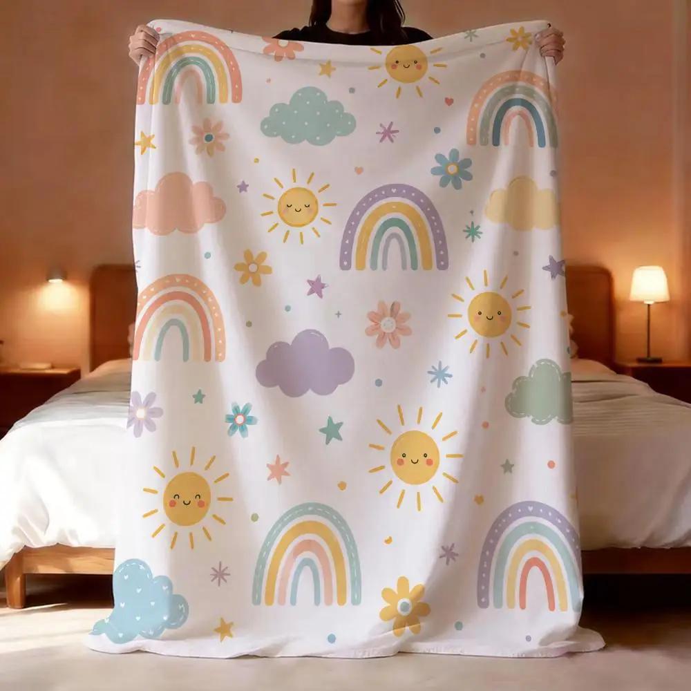 Rainbow Sunshine Cute Throw Lightweight 240G Flannel Blanket Soft Skin-Friendly For Summer Cooling