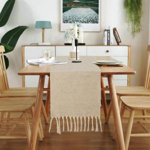 Cotton Linen Decorative Woven Table Runner Handmade Tassel Coffee Table Decoration Wave pattern 33x180cm