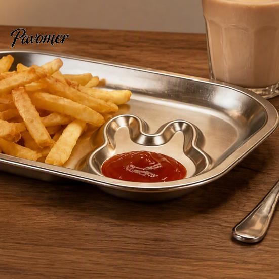 Smooth Edge Divided Lunch Plate 304 Stainless Steel Kids Dinner Plate, Tray with Dip Metal for Children Sauce Dish Dumplings Sushi, Creative