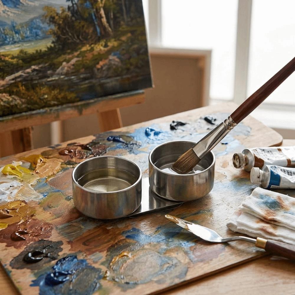 Dubbele Kamer Olieketel met Deksel Metalen Schildermedium Beker Olieverfpot Olieverf Creatie