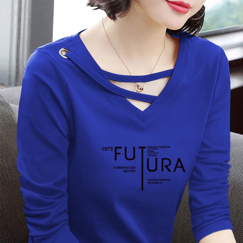 

Женская футболка с V-образным вырезом из чистого хлопка с длинным рукавом - 2024 Весна/Осень Свободный крой Модный топ 4XL