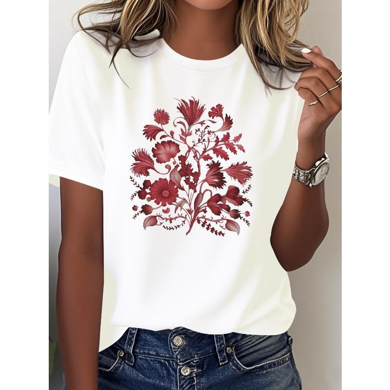 

European Size Women S Pure T-Shirt Featuring a Beautifully Designed Floral Symmetrical Pattern S белый